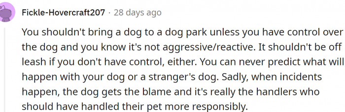 You shouldn't bring a dog to a dog park unless you have control over the dog.