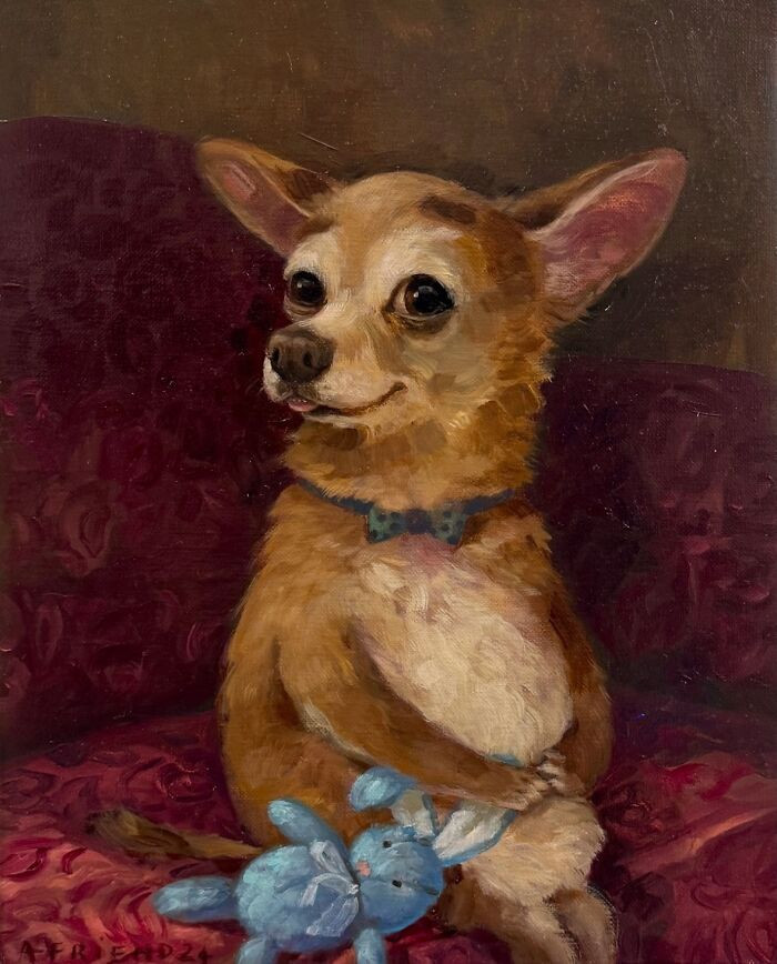 Posie pet portrait, reflecting on life with “One Slice Is Nice, Two Is Better.”