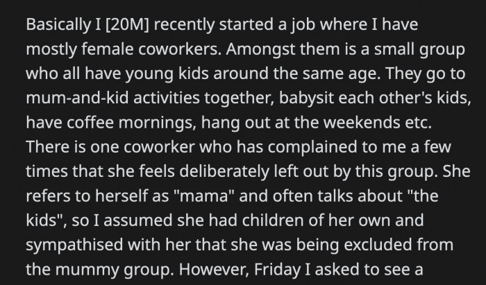 Their activities involve actual human children, and this coworker has none