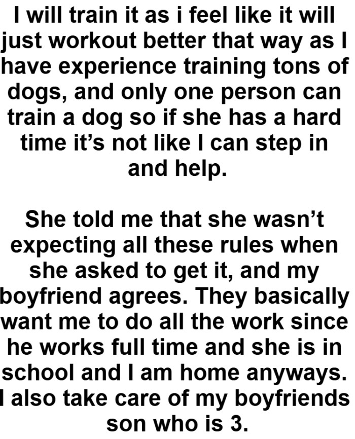 She told the OP that she wasn’t expecting all these rules when she asked to get a dog