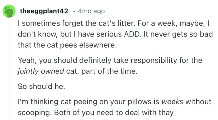 “I'm thinking cat peeing on your pillows is weeks without scooping. Both of you need to deal with that.”