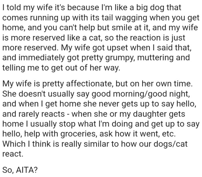 OP's wife got upset when he said that and immediately became grumpy, muttering various things