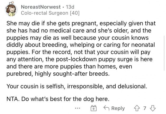 "Your cousin is selfish, irresponsible, and delusional."