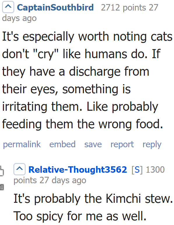 The monks think that the cat is crying because it's eating delicious food. Online users think otherwise.