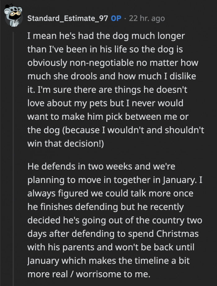 Time is another factor because her BF will leave the country two days after his defense, which doesn't leave a lot of room to discuss their plans