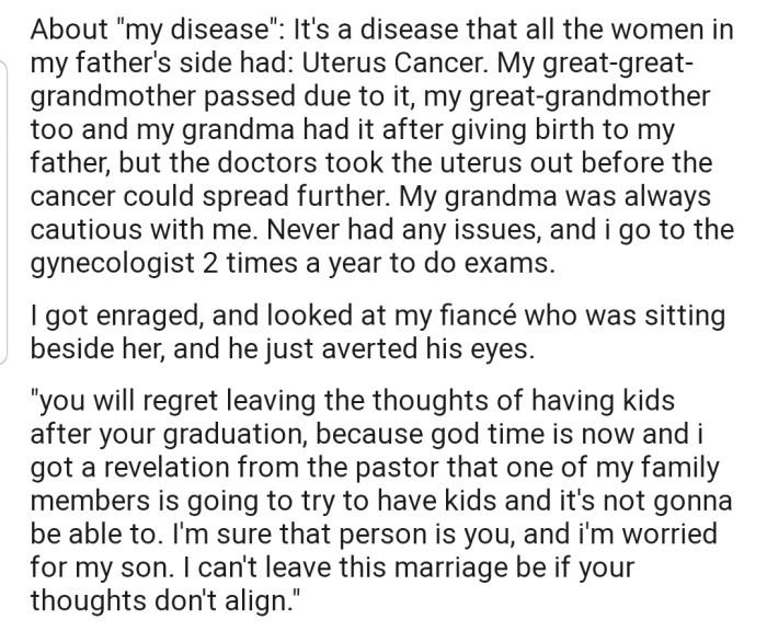 OP revealed that all the women from her father's side of the family had Uterus Cancer. However, she hadn't been diagnosed with the condition