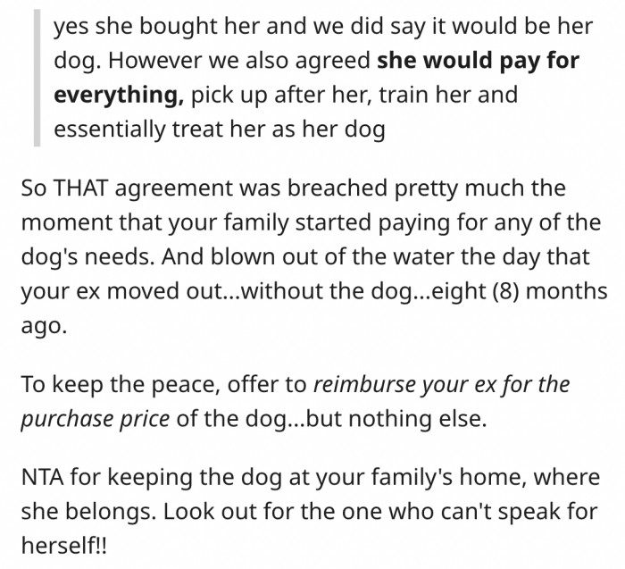 12. He should reimburse the ex for peace to reign but keep the dog.