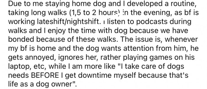 OP says that she and the dog have formed a special routine where they go for long walks together.