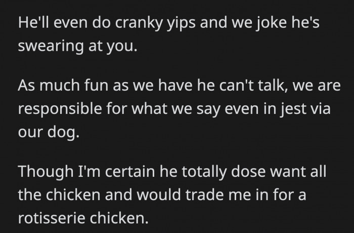 Whatever you say through your dog is your responsibility, not the dog's