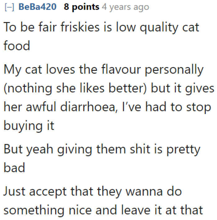While not all people prefer giving their cat Friskies, it would've been a nice gesture to thank Friskies rather than tweet this.