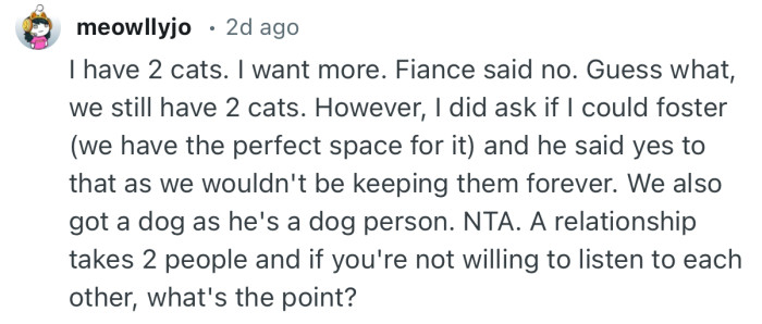 “NTA. A relationship takes 2 people and if you're not willing to listen to each other, what's the point?”