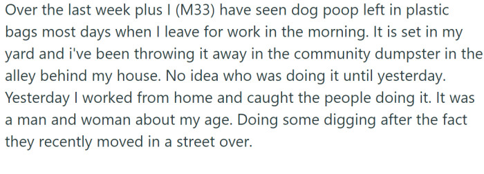 In the last week, OP has been seeing dog poop left in plastic bags in his yard when leaving for work in the morning.