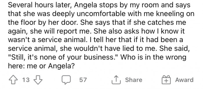 The Redditor confronted her about the cat, but the girl said she felt uncomfortable with the OP lying by her door.