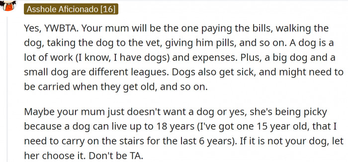 Mom will most likely take care of the dog, so she gets to choose when and how. Quite simple.