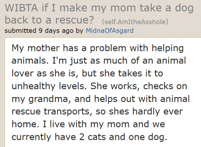 The original poster and her mom are animal lovers, but there's just one problem.