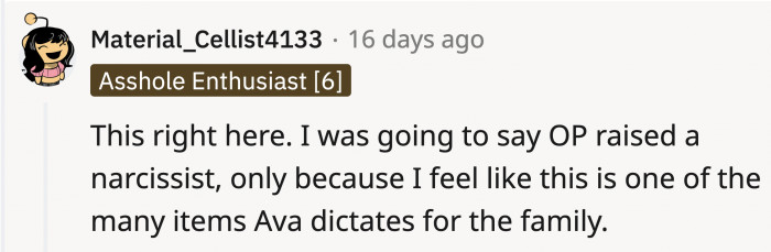 Stating the possible thinking of Ava having control over their home