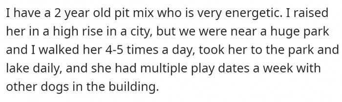 She raised her dog in an apartment, but they go for walks multiple times daily.