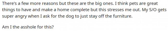 But her partner doesn't understand them and gets angry whenever OP asks that the dog stay off the furniture.