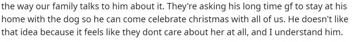 Ultimately, OP explains that the problem lies more in how the family approached the situation rather than just the fact that he can't have the dog there on Christmas.