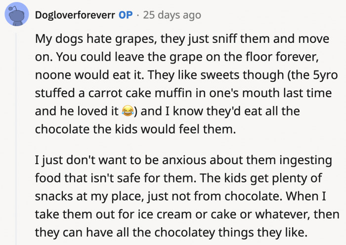 See? OP is not unreasonable and it's not like the kids were being deprived of food. OP is just worried about the safety of his dogs who apparently have sweet tooth.