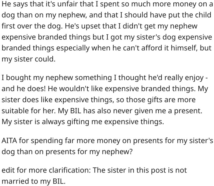 BrotherInLaw Mad At Woman For Spending More Money On Sister's Dog Than Nephew