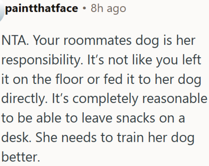 Roommate's dog ate OP's snacks off her desk, and somehow it's OP's fault