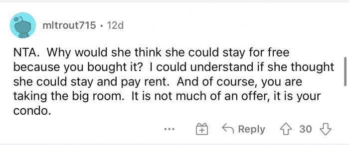 Simply put, it is her condo. Which means she has the right to decide everything that has to do with it.