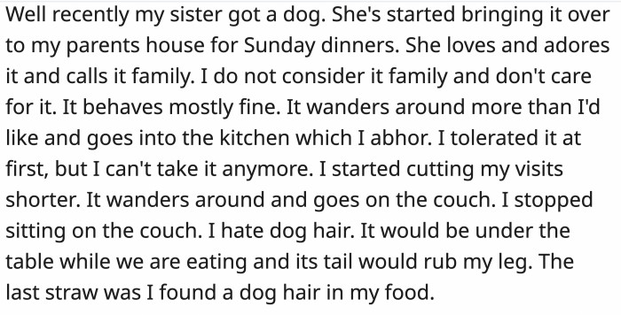 OP’s sister got a dog that she loved, and OP was annoyed by its ‘loitering,’ but what pushed him over the edge was when he found dog hair in his food