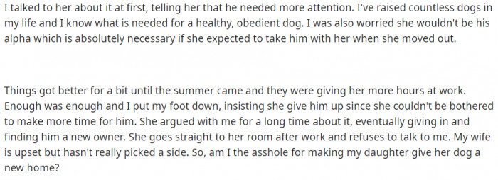 The father felt like the daughter wouldn't have been his alpha if she were to move away and take the dog with her.