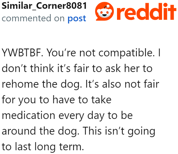 It's Neither Fair for the OP to Ask the Girlfriend to Rehome the Dog Nor for Him to Take Medications Just So He Can Tolerate Dog Fur.