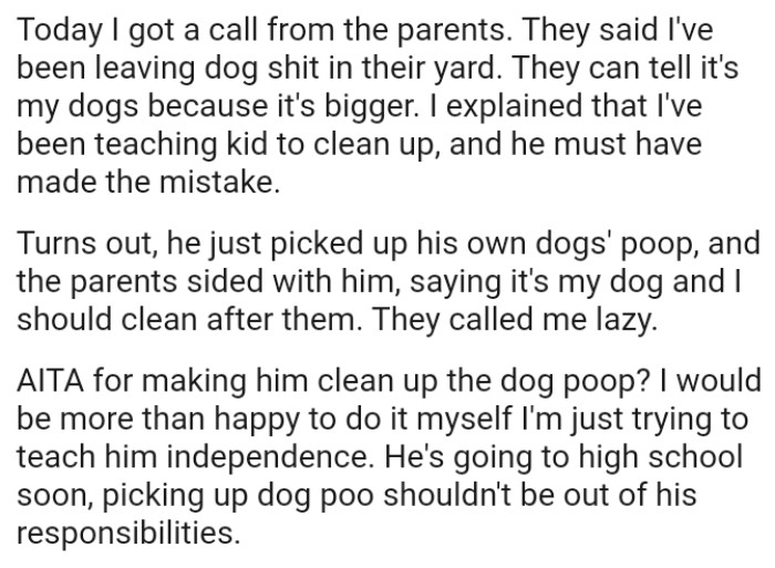 OP tried explaining, and the parents sided with him, saying it's her dog and she should clean up after them