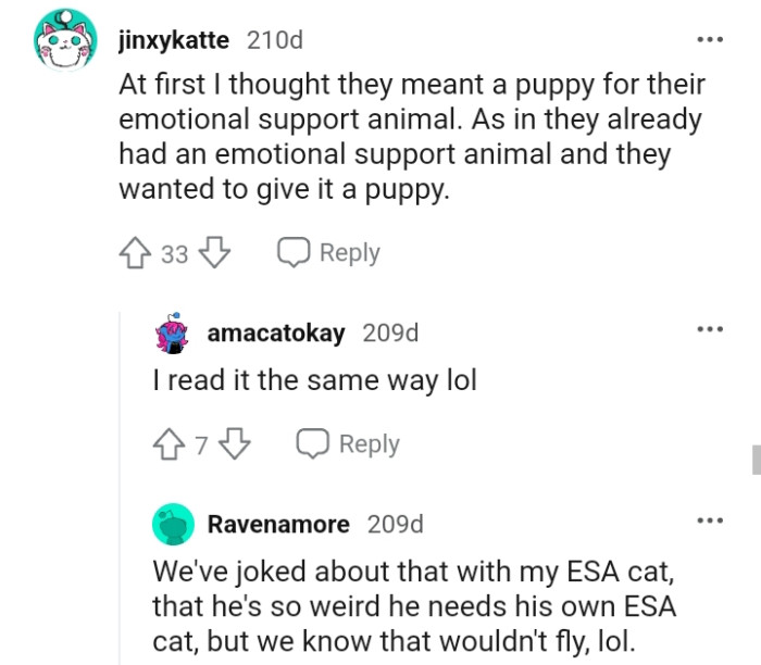 He is so weird that he needs his own emotional support cat