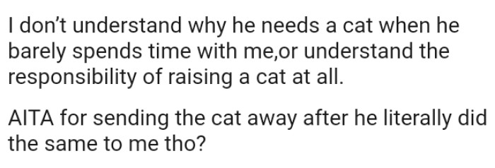 The OP does not understand why he needs a cat when he barely spends time with her