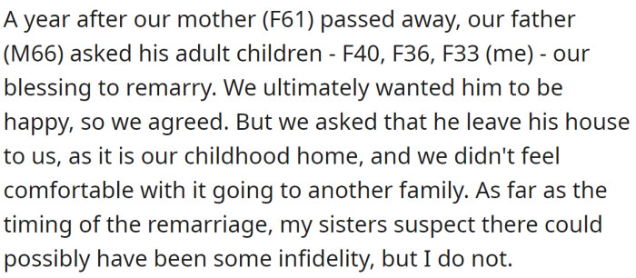 The OP explained their father remarried and agreed he'd leave the house solely to them: