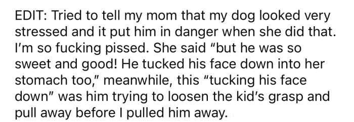 In an edit, the OP said she was upset because her mom also said she should have let the little girl cuddle the dog.