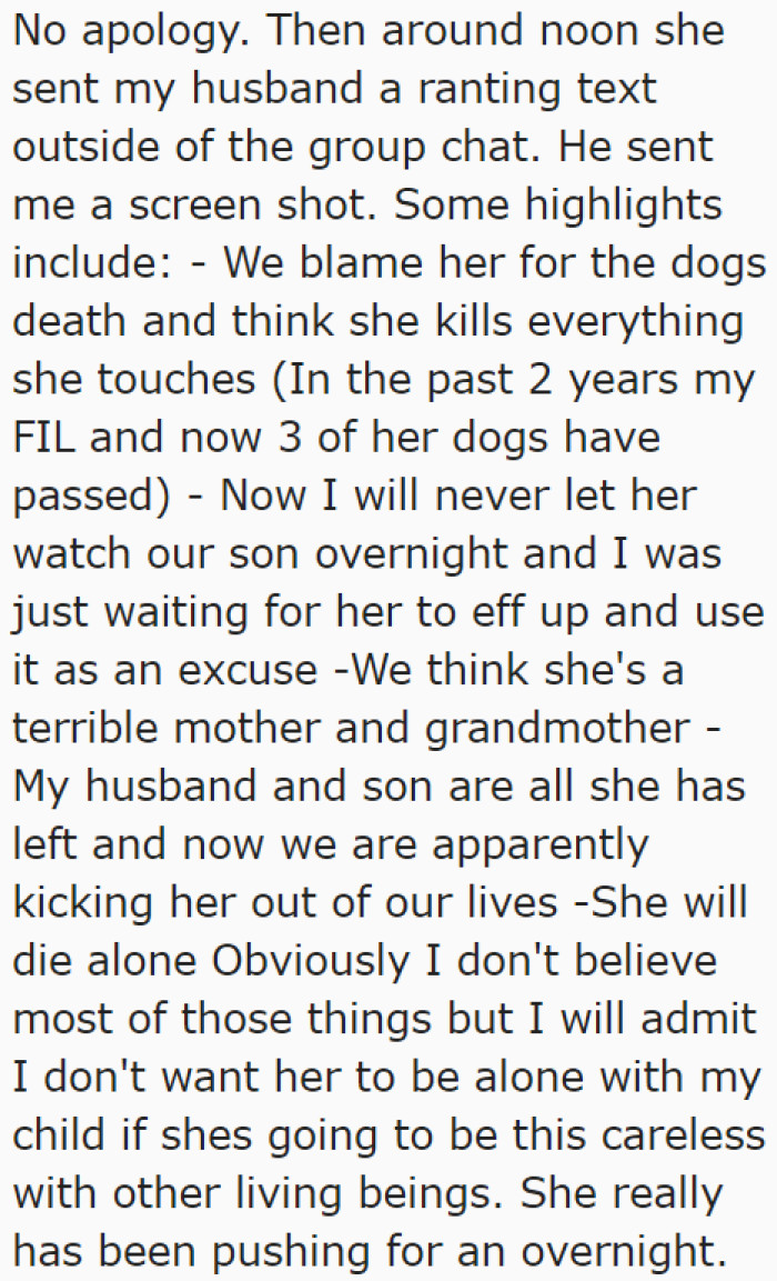 Looks like three dogs have died before — and probably because of the MIL's obliviousness.