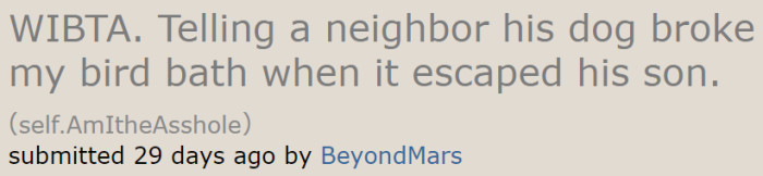 The original poster (OP) wants to know if he would be the a-hole if he told the boy's parents about what the dog did to his birdbath.