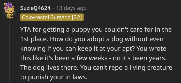 Although OP is concerned for the puppy, their mistake of not reading the fine print about being in their apartment is not a good enough reason to take the puppy back