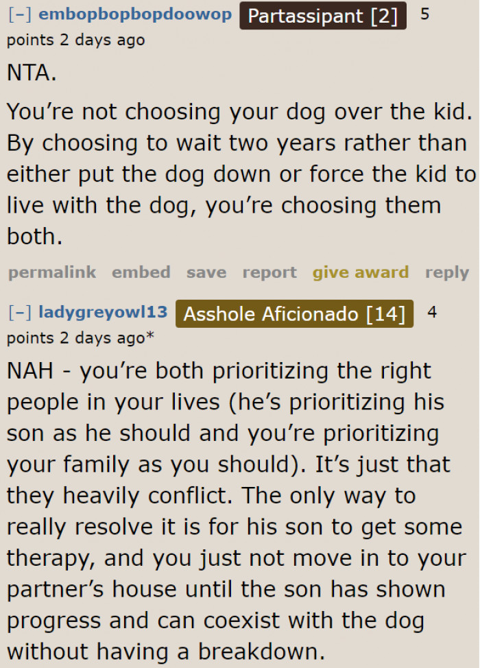 Choosing to delay the plans is indeed equivalent to considering the needs of both the son and the dog.