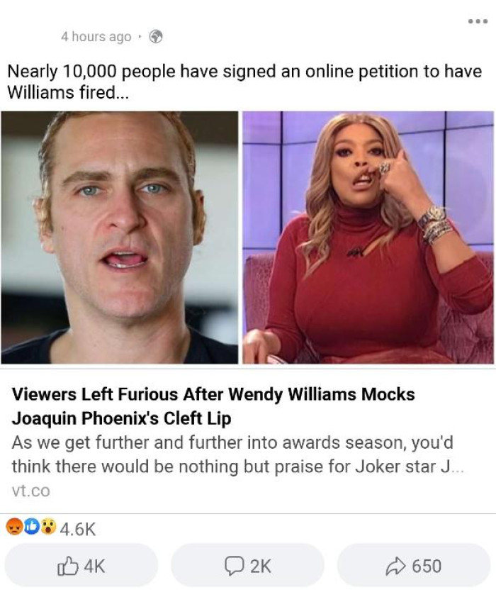 Fans were left fuming when disgraced television host Wendy Williams mocked Joaquin Phoenix's cleft lip scar.