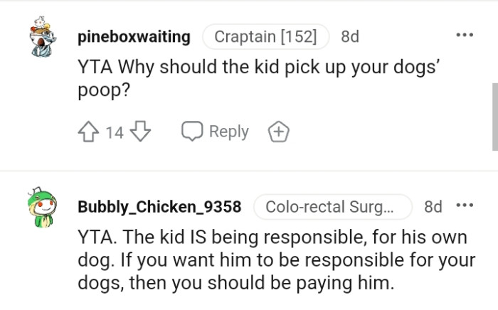 The kid is being responsible for his own dog, and the OP should take care of hers