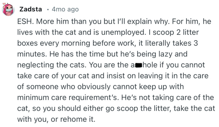 “He’s not taking care of the cat, so you should either go scoop the litter, take the cat with you, or re-home it.”
