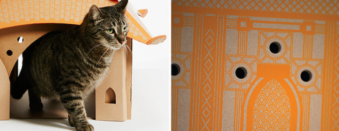 Cardboard cat furniture shaped like a Mayan Temple, cat-friendly hideaway