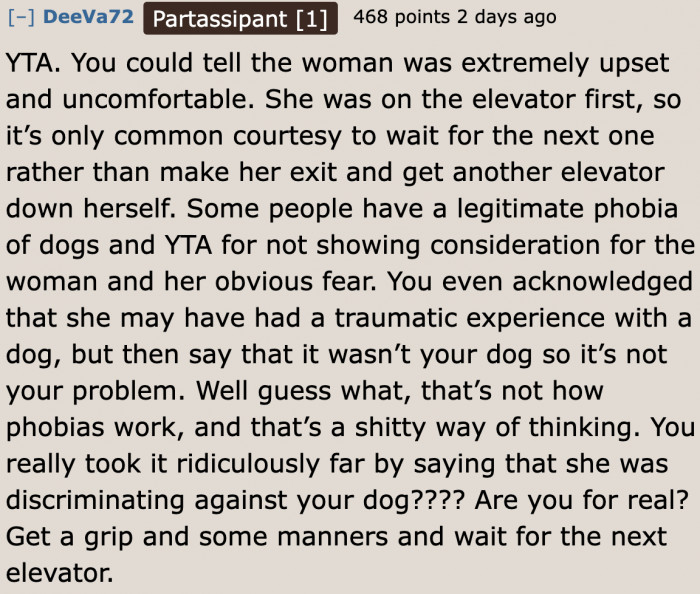 Indeed. The woman took the elevator first. She should be the priority.