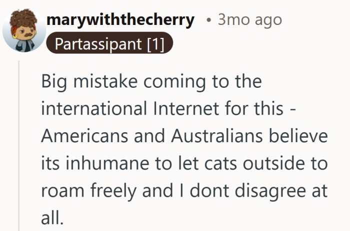 A global perspective slips in, noting that outdoor cats are viewed very differently once you cross a few borders.