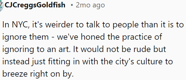 Due to the city's culture, ignoring people is more natural and fitting in NYC than engaging in conversation.
