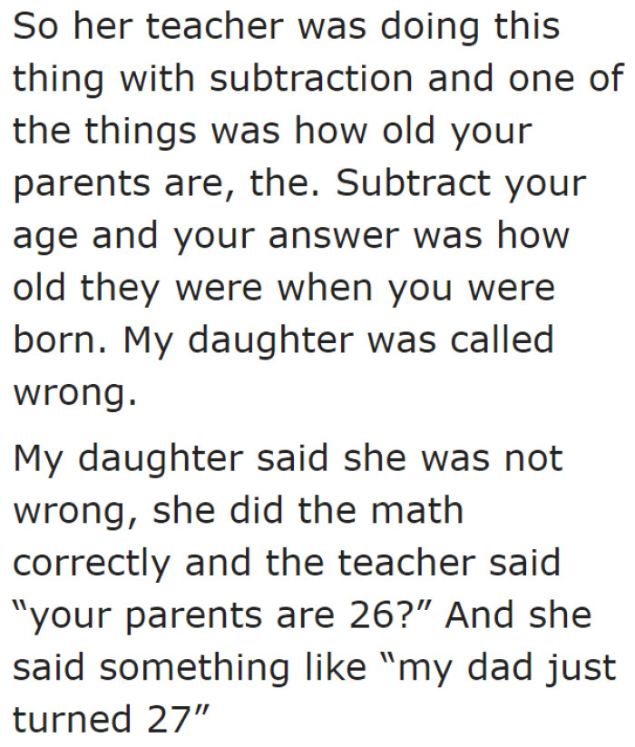 The math problem made the girl reveal her parents' ages.
