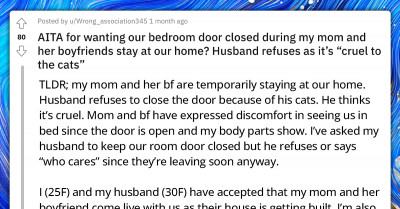 Woman Is Confused As Husband Refuses To Close Bedroom Door At Night Due To The Cats, Despite Having Guests