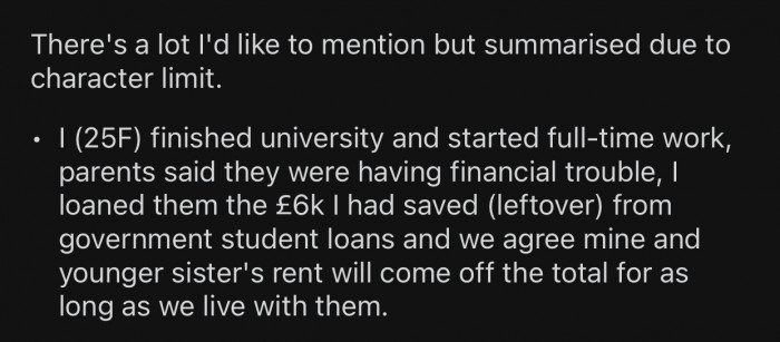 OP loaned her parents the leftover amount from her government student loans after they were having financial troubles.