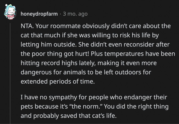 I kind of understand that OP's roommate is used to cats being outdoor animals, but at the same time, OP gave her a lot of facts about why it's actually bad for them, yet she didn't even consider what OP said.